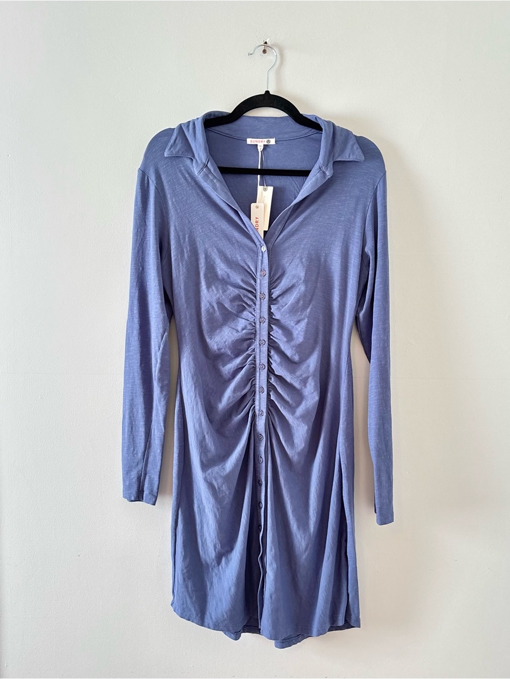 Sundry NWT Ruched Long Sleeve Mini Dress Button-Up Knit Blue Anthropologie
